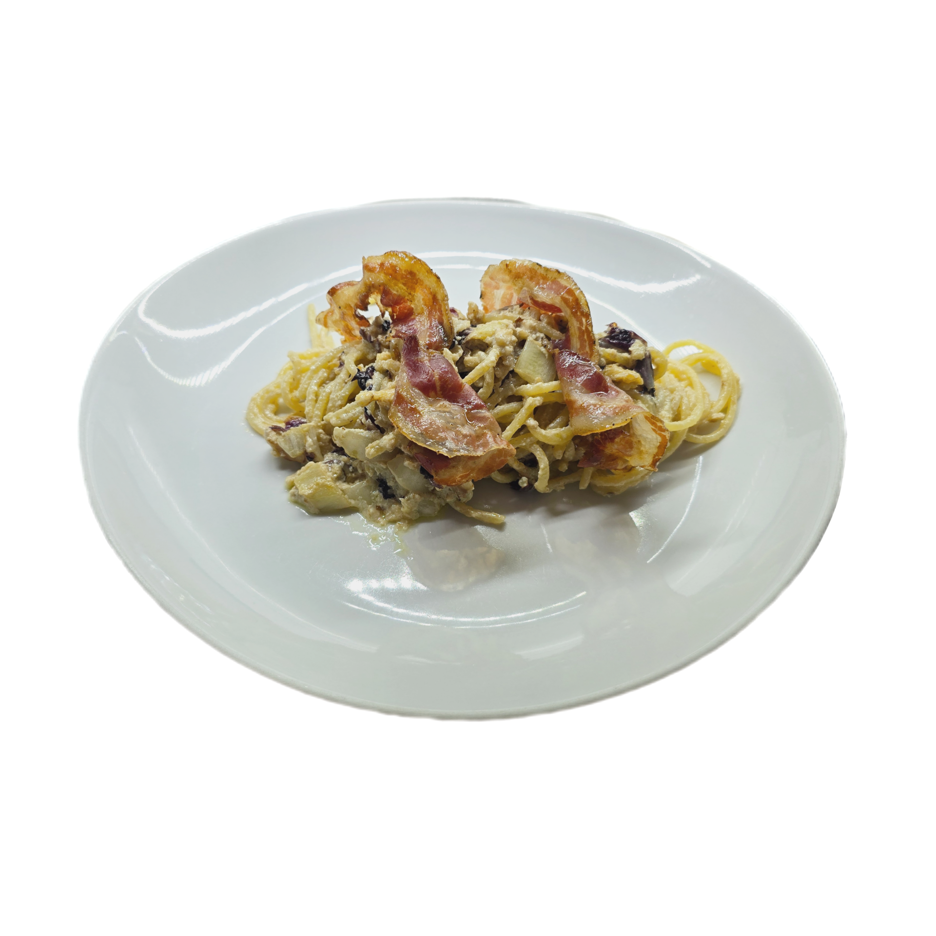 SPAGHETTO AL PESTO DI NOCI con radicchio e guarnizione di pancetta croccante speziata  13€