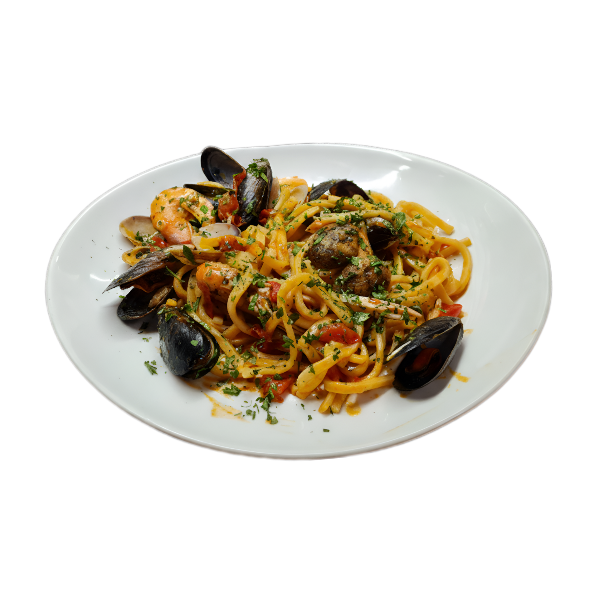 SCIALATIELLO ALLO SCOGLIO, con scampi e mazzancolle sfumati al brandy, pomodorini, cozze e vongole, prezzemolo, leggermente piccante 13€ *