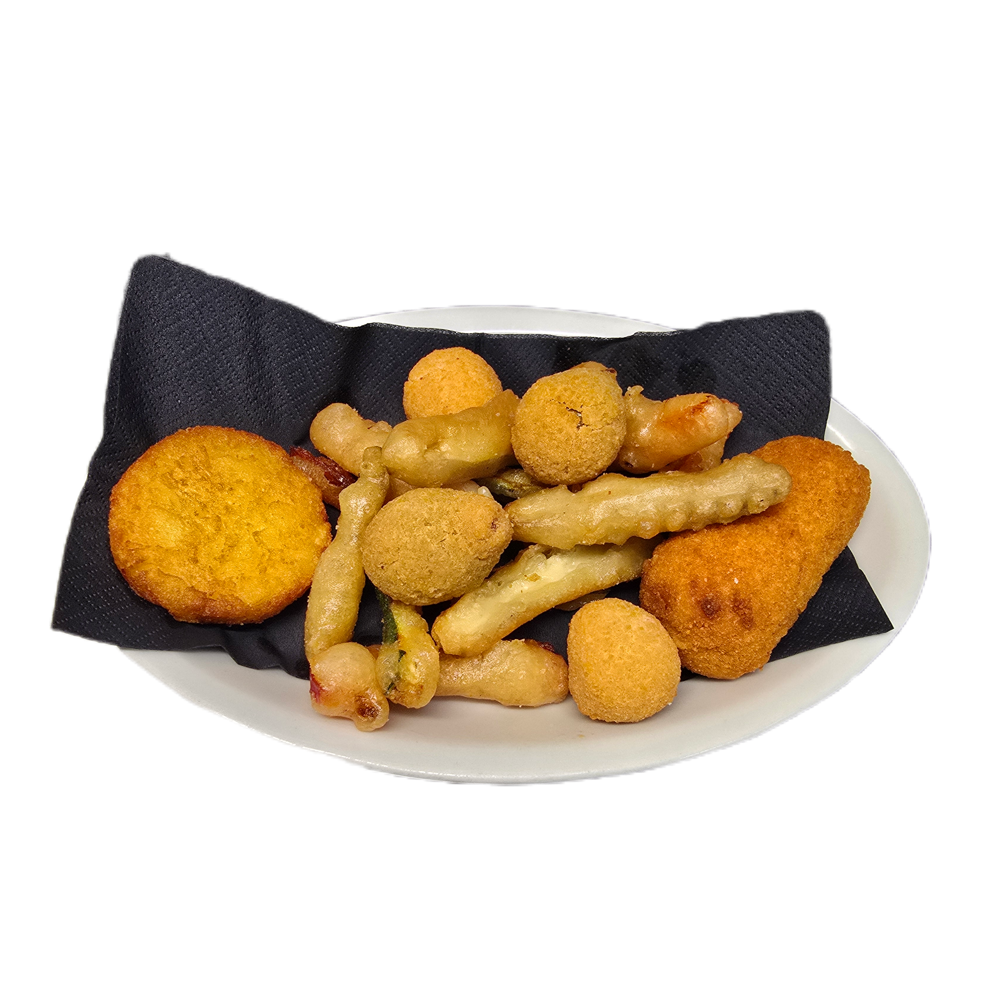FRITTO MISTO, 1 supplì 1 crocchetta 2 olive all'ascolana 2 mozzarelline Verdurine pastellate 8€ *