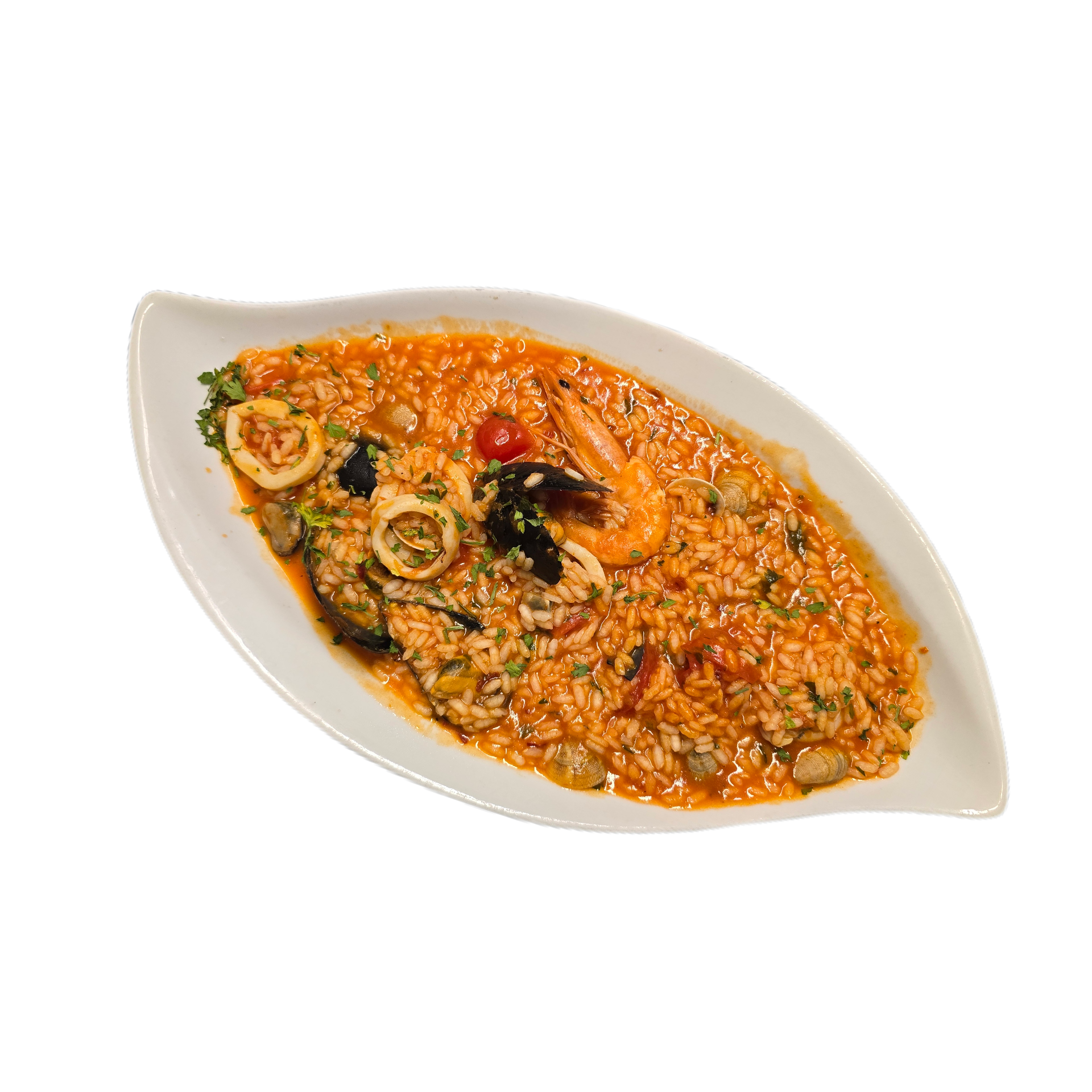 RISOTTO ALLA PESCATORA con pomodorino, mazzancolle, cozze e vongole, calamaro, prezzemolo e peperoncino * 13€