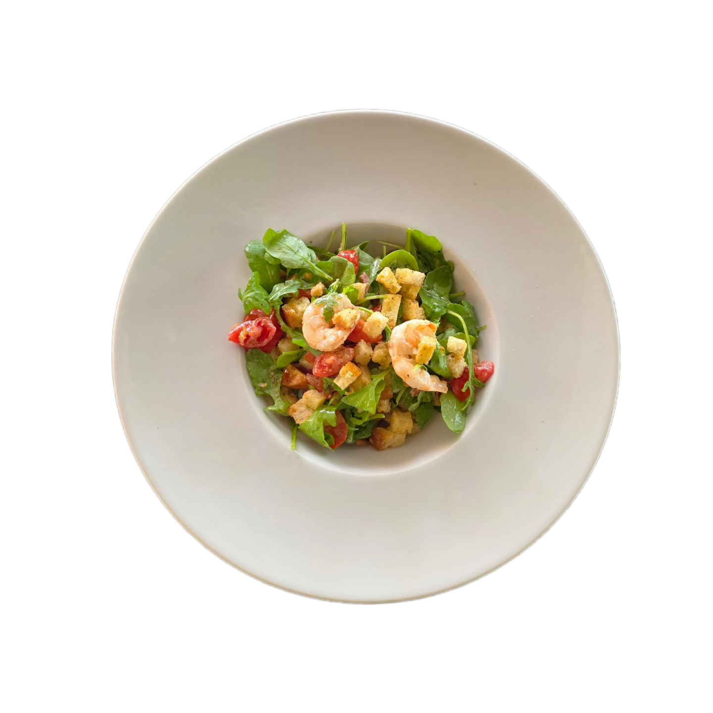 PANZANELLA DI PESCE con crostini di pane, gamberetti, rucola, pomodorini, capperi e cipolla agrodolce  8€