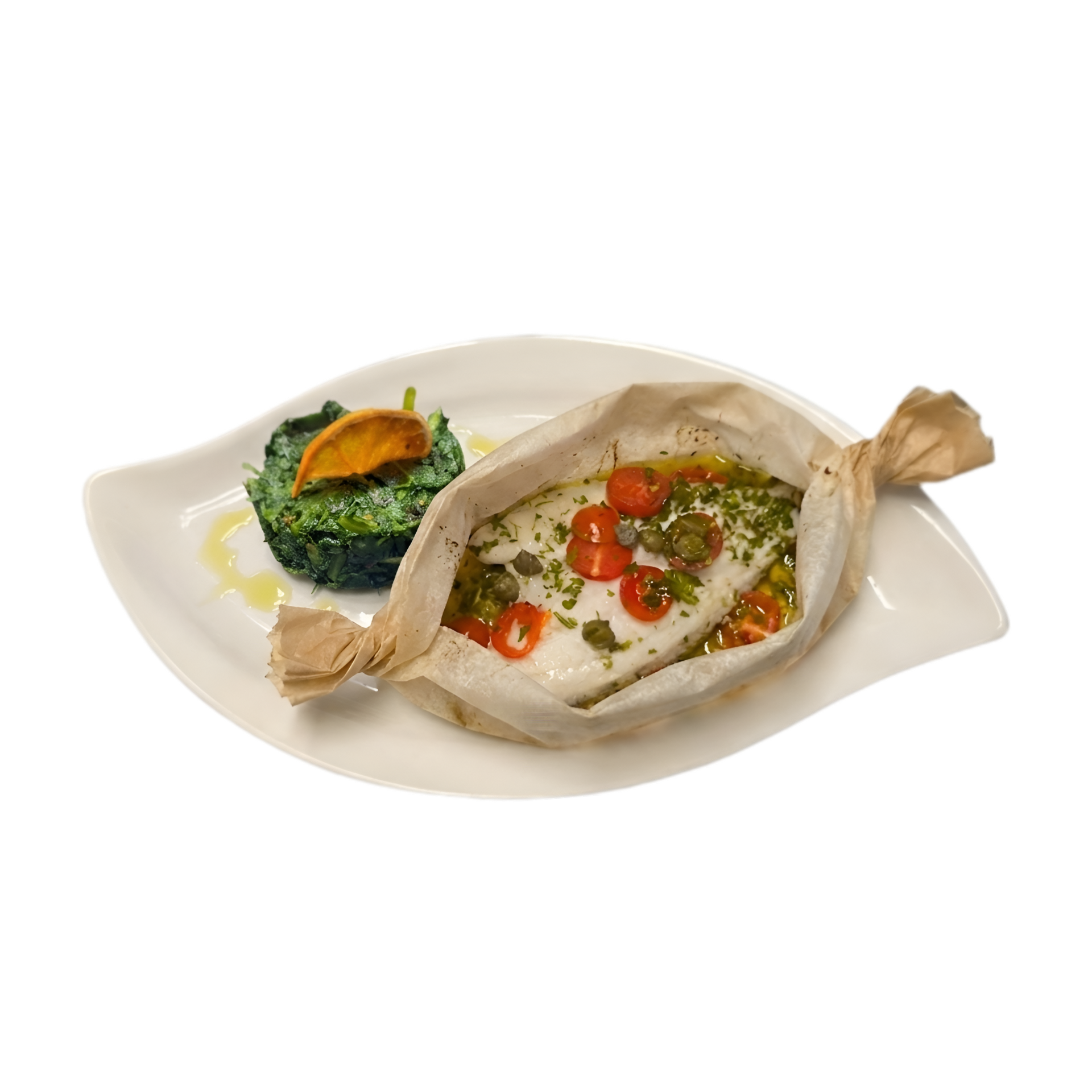 ORATA AL CARTOCCIO con pachino, olive taggiasce, capperi. Cicoria all'agro * 15€ *